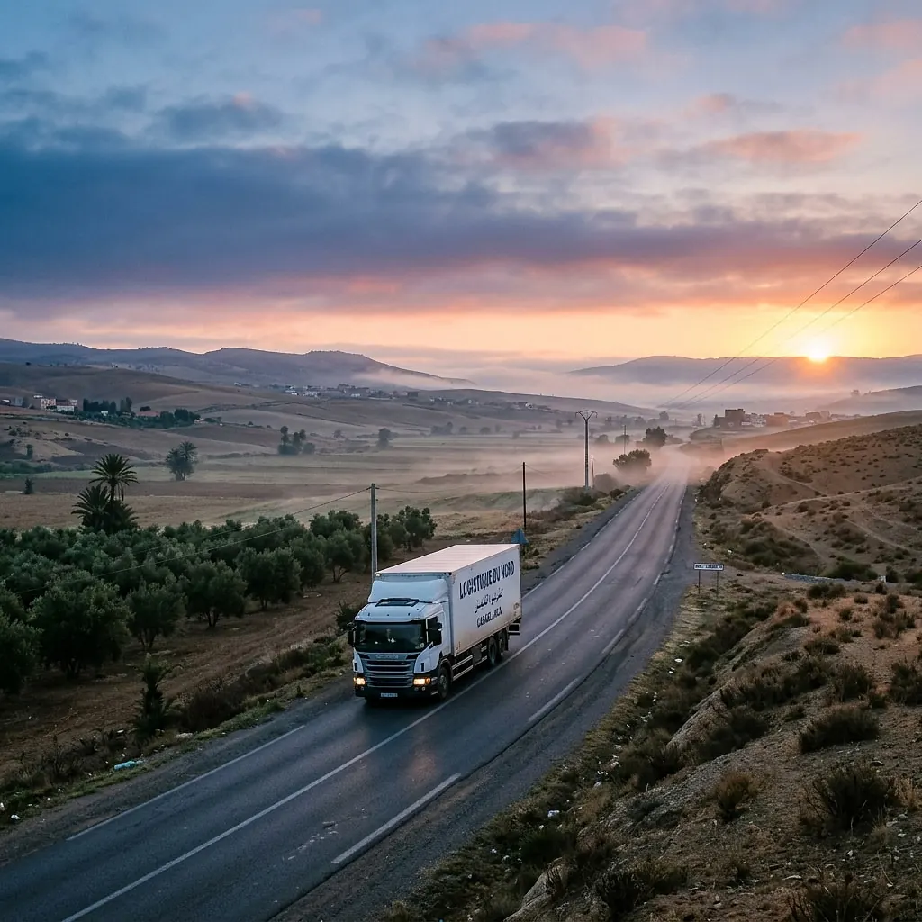 Camion de livraison sur une route nationale au lever du soleil