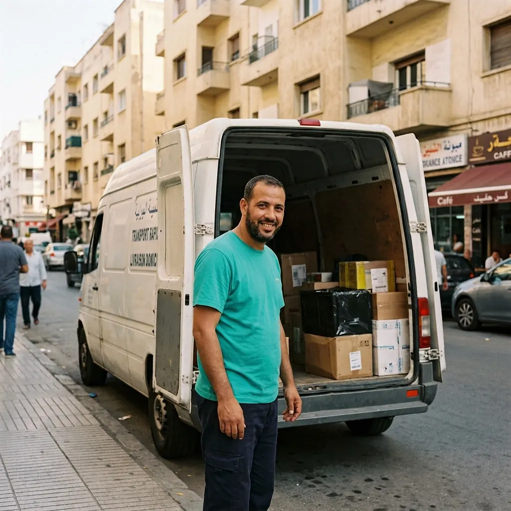 Transporteur souriant devant son fourgon, dans une rue de Casablanca