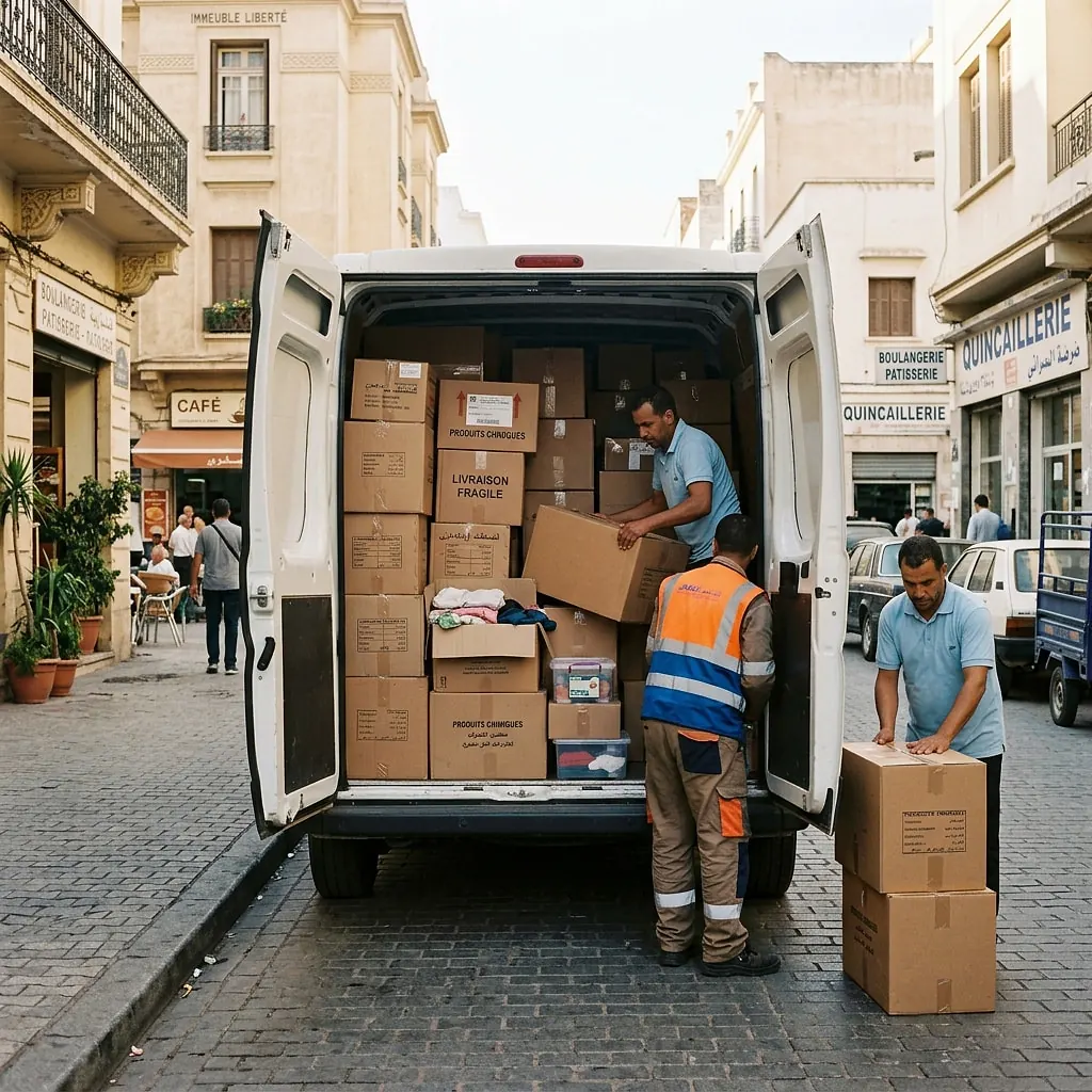 Livreurs déchargeant des cartons d'un fourgon blanc, portes arrière ouvertes