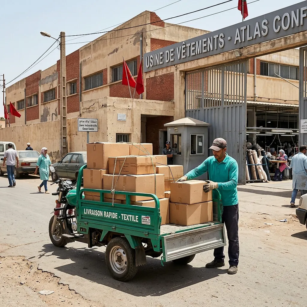 Transporteur chargeant des cartons sur un triporteur devant un atelier